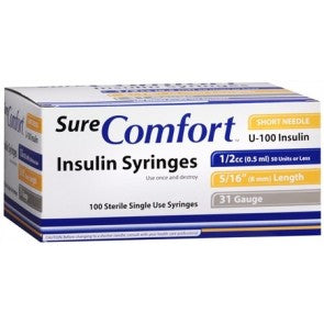 BX/100 SURE COMFORT INSULIN SYRINGE, 30G, 5/16IN (8MM), 1/2CC