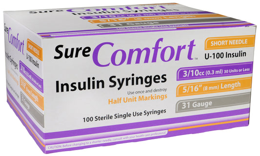 Sure Comfort Insulin Syringe 31G, 5/16in, 3/10cc, 1/2 Unit