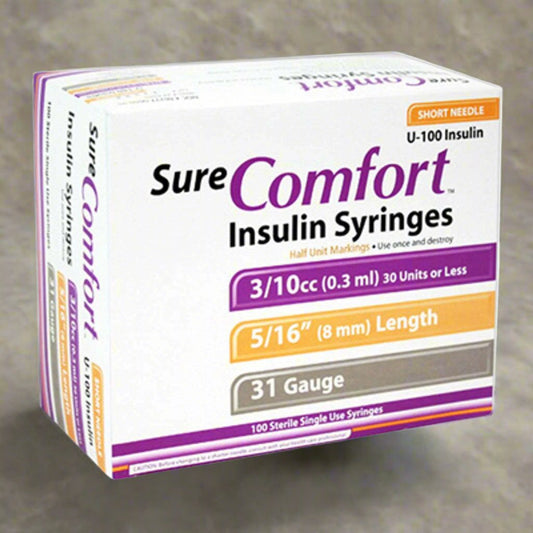 BX/100 Sure Comfort Insulin Syringe 31G, 5/16in, 3/10cc, 1/2 Unit